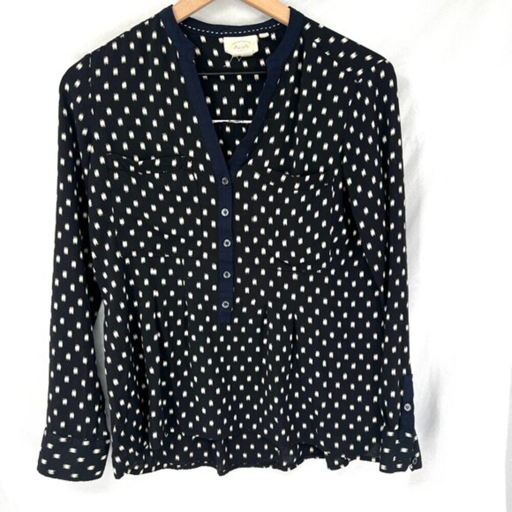 Vanessa Virginia Anthropologie polkadot popover‎ blouse black navy top career 4